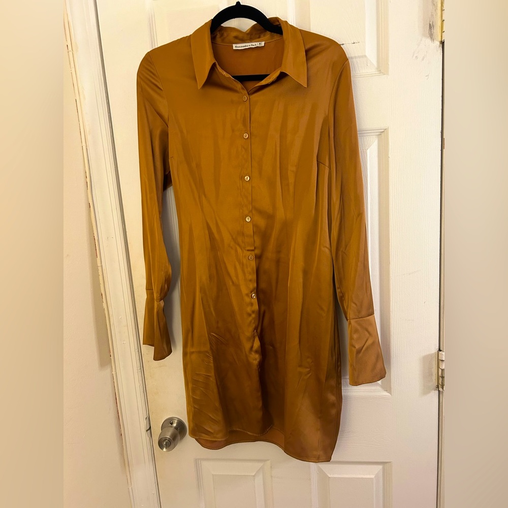 Gold, silk, button down, long sleeve